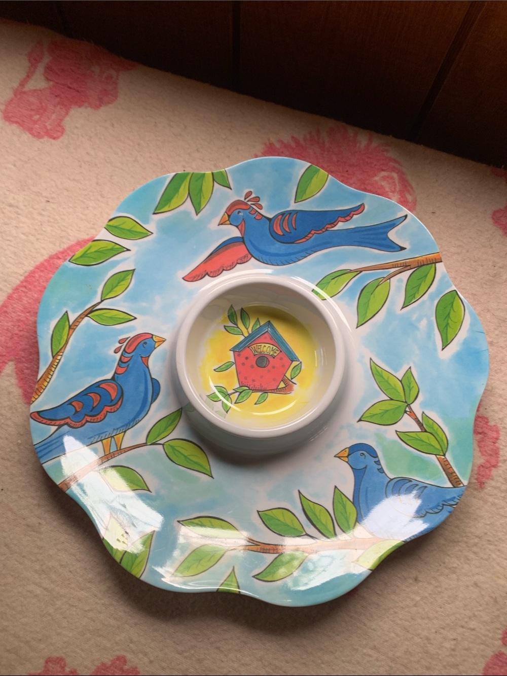 Chip ‘N Dip Serving Plate. Decorative Blue Bird Design.